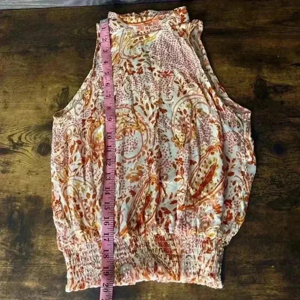 Cynthia Rowley Paisley Boho Mock Neck Smocked Waist Top in Cream/Orange, XS. NWT - Picture 7 of 9